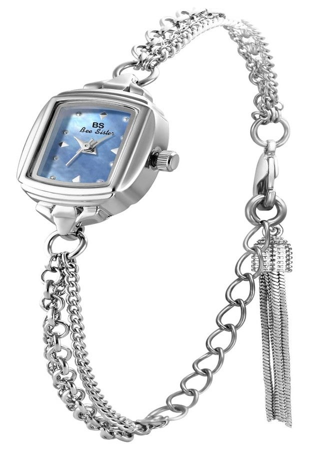 FANMIS Women Classic Vintage Bangle-Style Wristwatch Dainty Small Dial Watch Luxury Dress Gold Bracelet Watch Ladies Minimalist Design Square Wrist Watches (Silver Blue) - Image 1
